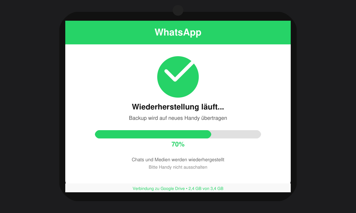 WhatsApp-Startbildschirm auf neuem Handy mit Fortschrittsbalken bei der Wiederherstellung