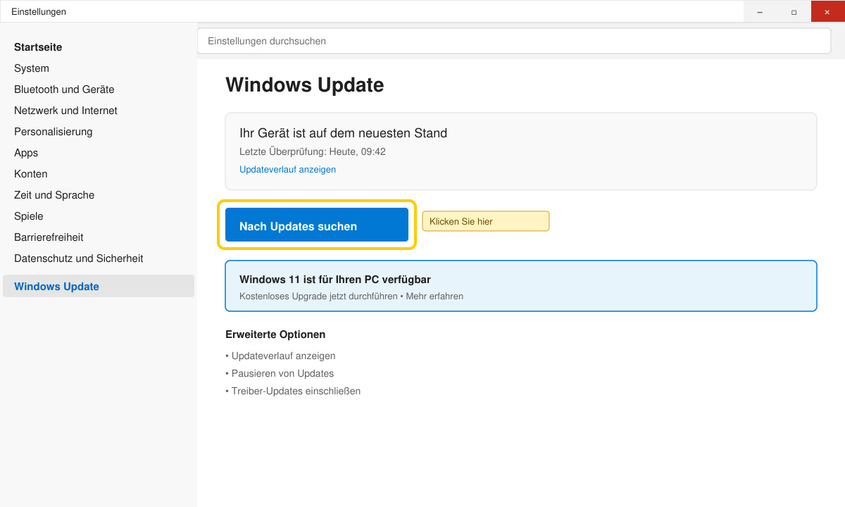Windows Update Einstellungen mit Upgrade-Option zu Windows 11