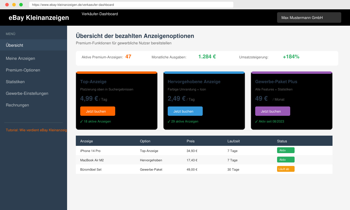 Übersicht der bezahlten Anzeigenoptionen im Verkäufer-Dashboard