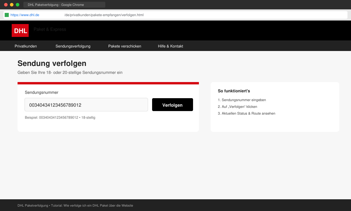 Eingabefeld auf der DHL Website mit eingetragener Sendungsnummer