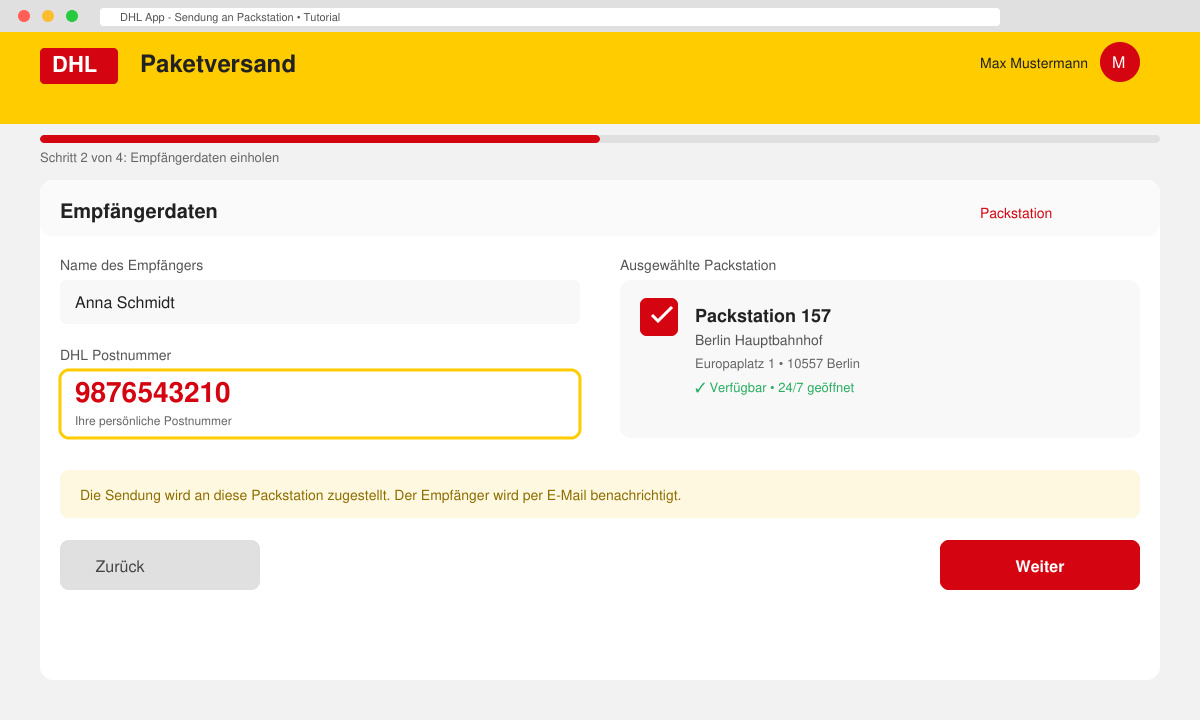 DHL App zeigt Postnummer und Packstationsnummer an