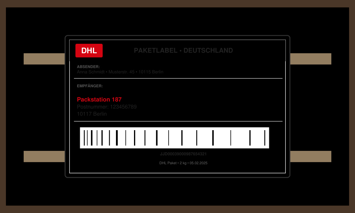 Versandlabel mit korrekter Packstation-Adresse auf einem Paket