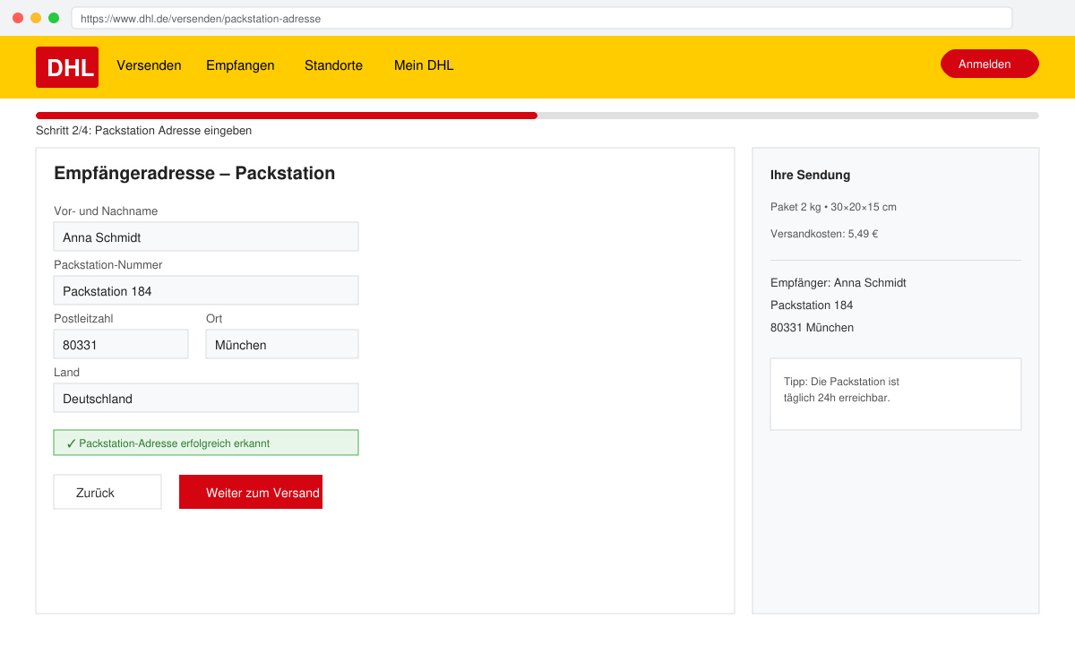 Eingabe der Packstation Adresse im DHL Portal