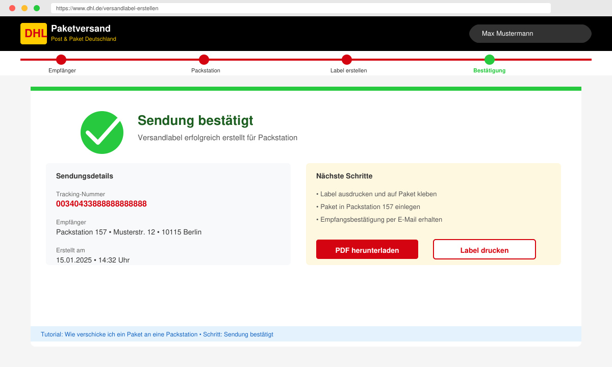 Bestätigung der erfolgreichen Sendung an die Packstation