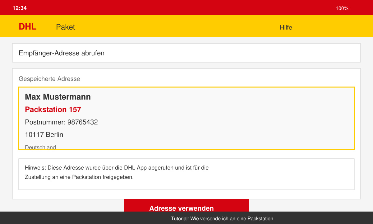 DHL App zeigt Packstation-Adresse mit Postnummer und Packstation-Nummer