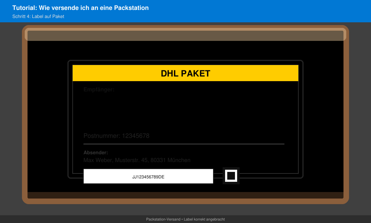 Ausgedrucktes Versandlabel mit Packstation-Adresse auf einem Paket