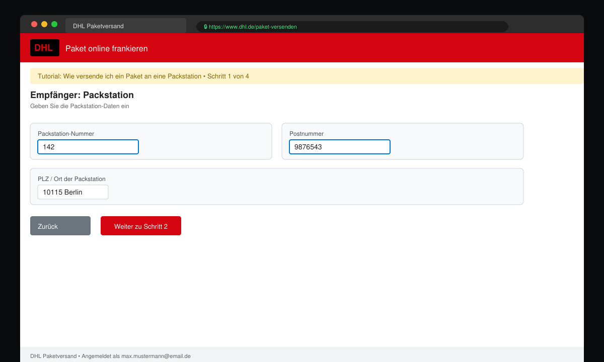 Screenshot des DHL-Adressformulars mit Packstation-Daten