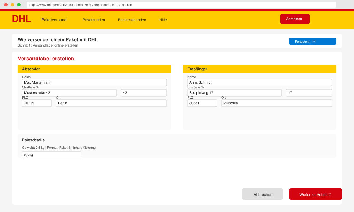 Bildschirmansicht der DHL-Website beim Erstellen eines Versandlabels mit ausgefüllten Adressfeldern