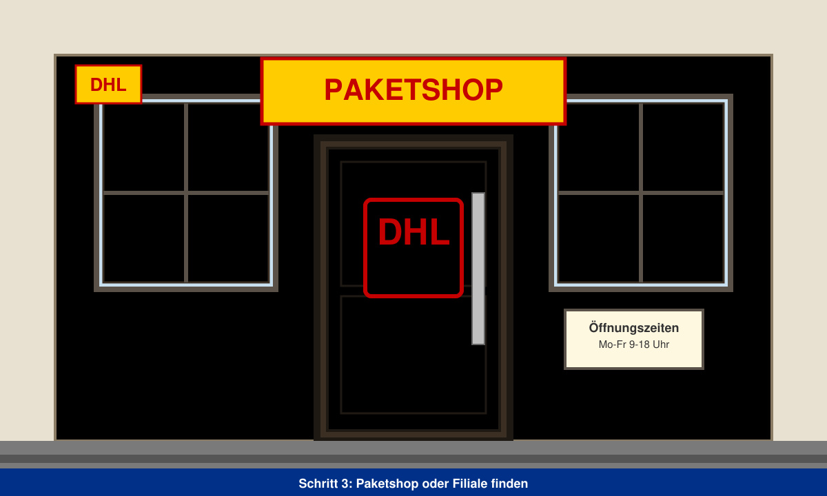 Eingang eines typischen DHL-Paketshops mit dem charakteristischen gelben Logo an der Tür