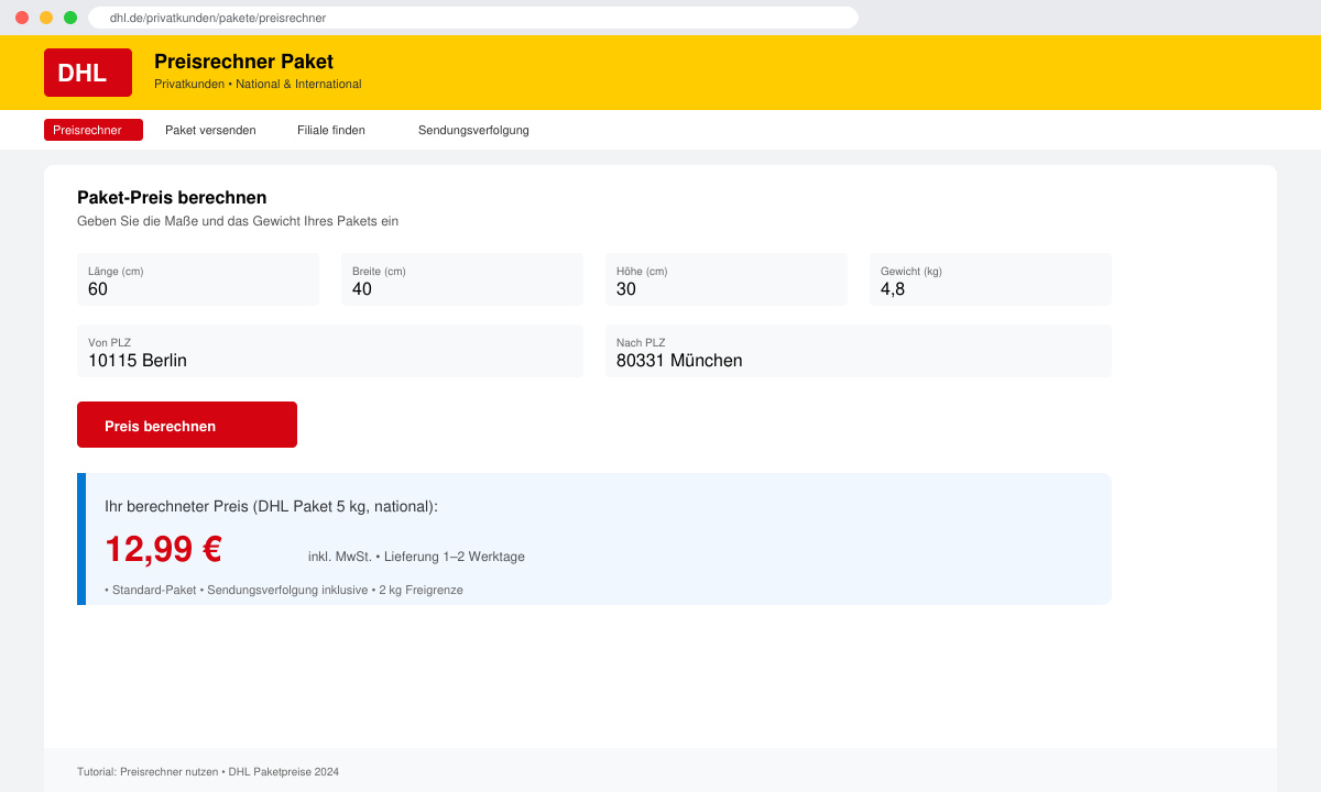 Bildschirmansicht des DHL-Preisrechners mit eingegebenen Maßen und angezeigtem Endpreis