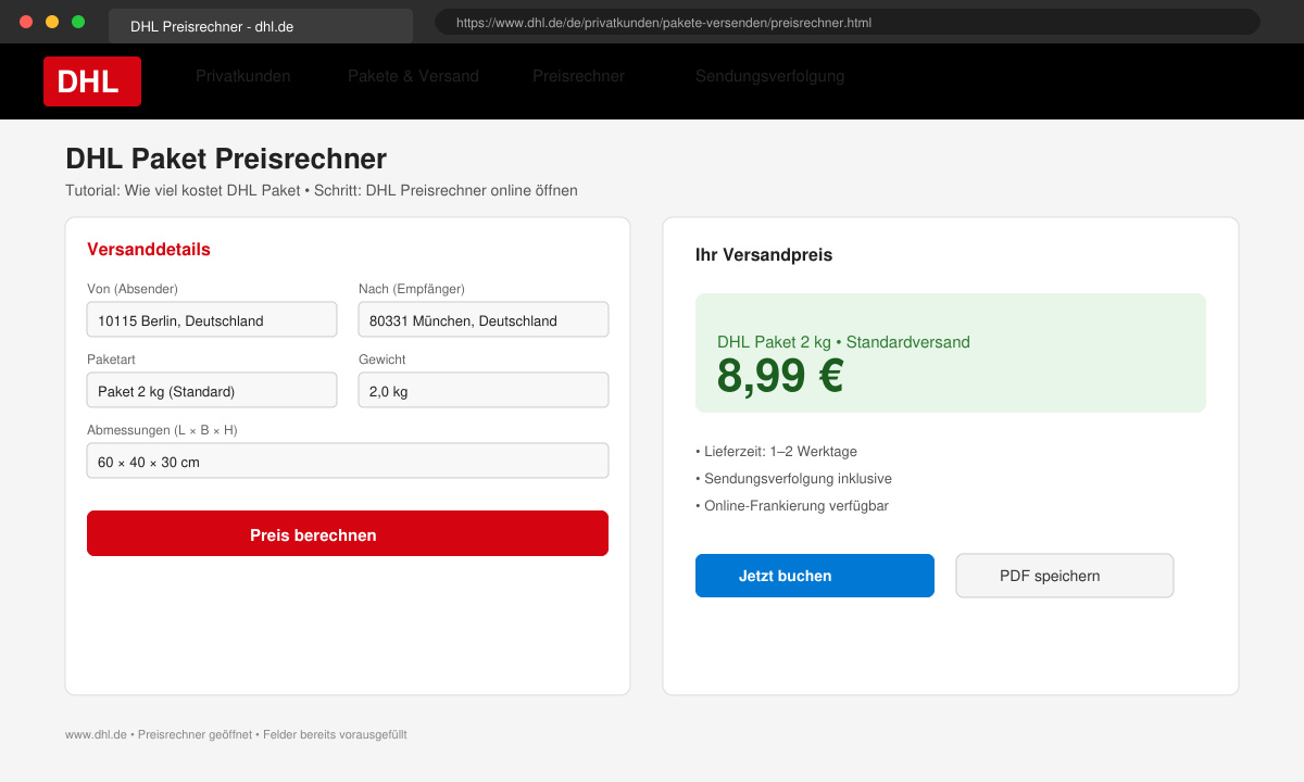 Screenshot of DHL online price calculator with filled fields and final price displayed
