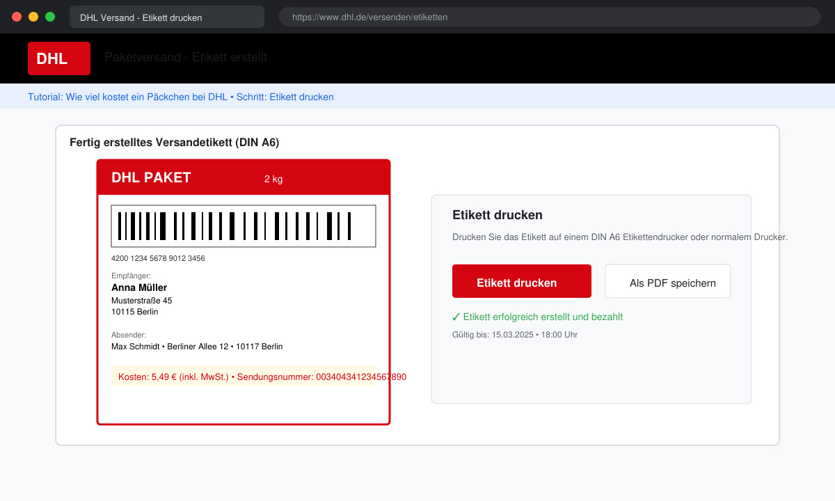Online frankiertes Päckchen bei DHL mit Etikett