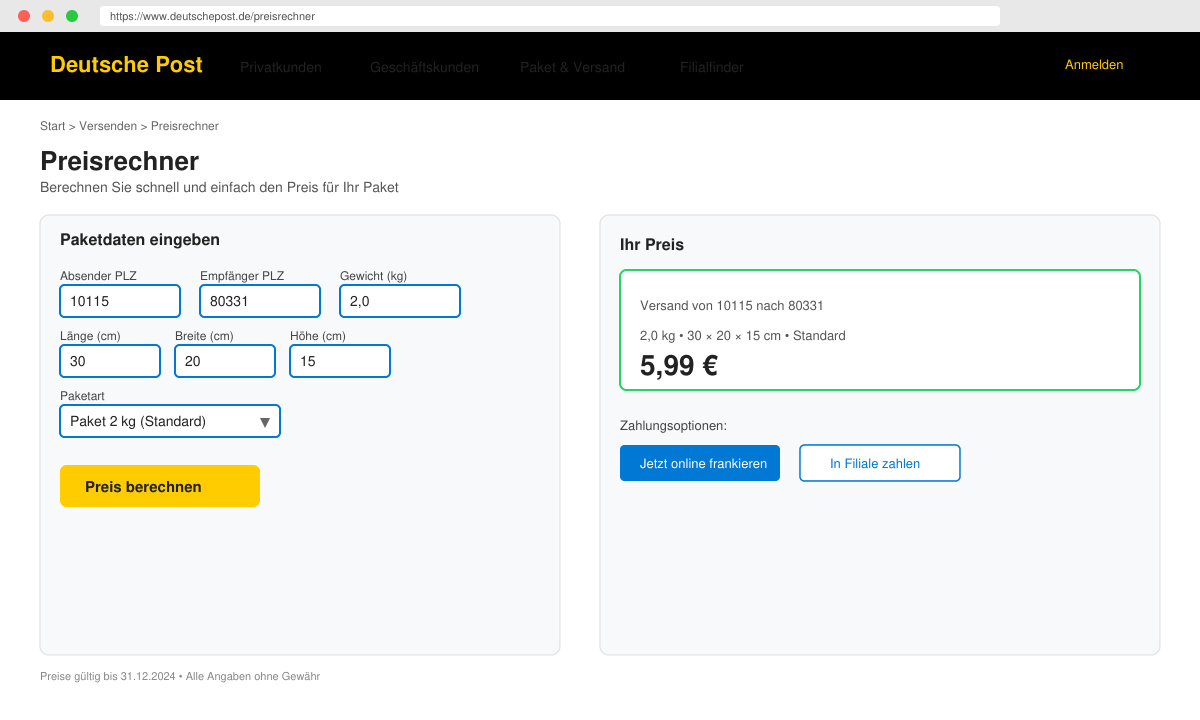 Screenshot des Preisrechners auf der Deutschen Post Website mit eingegebenen Paketdaten
