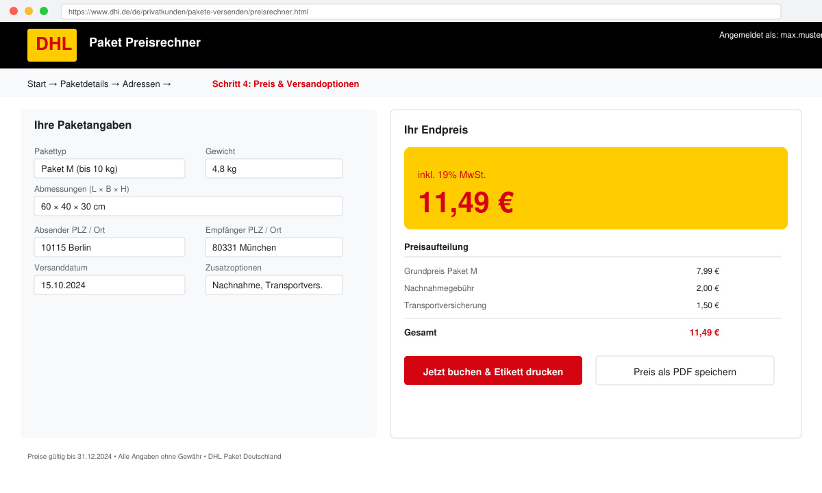 Bildschirm des DHL Preisrechners mit eingegebenen Werten und angezeigtem Endpreis