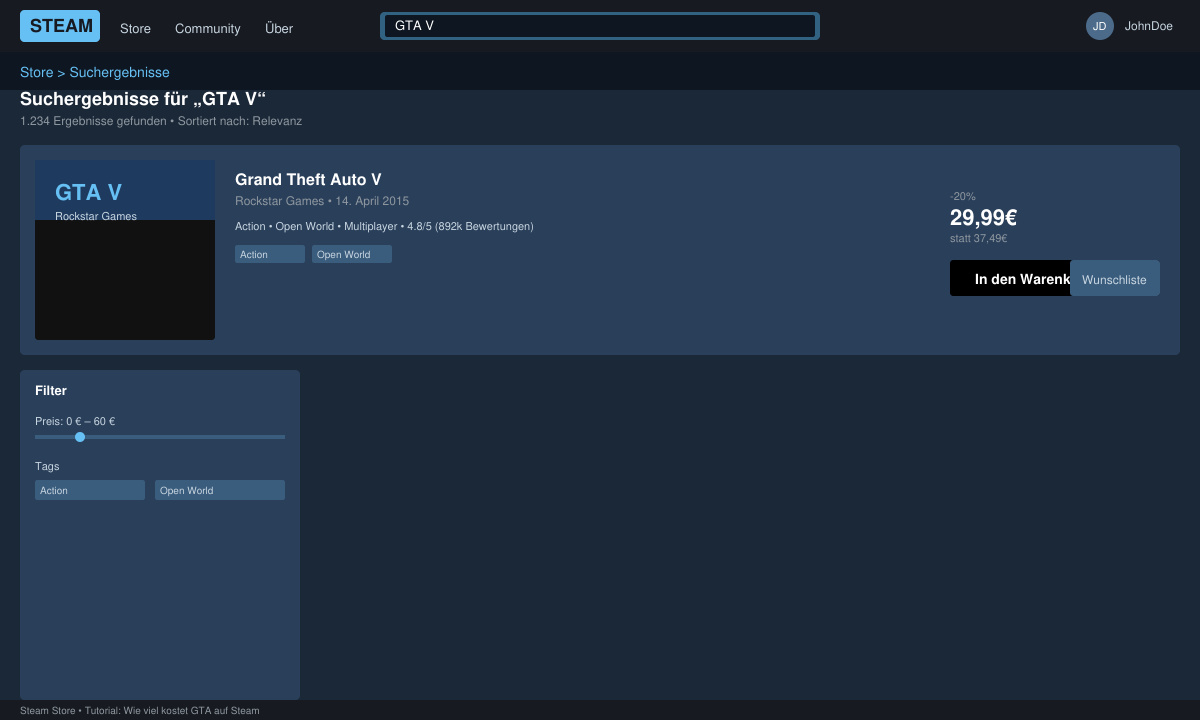 Steam-Suchergebnisse mit GTA V, Preis und „In den Warenkorb“-Button