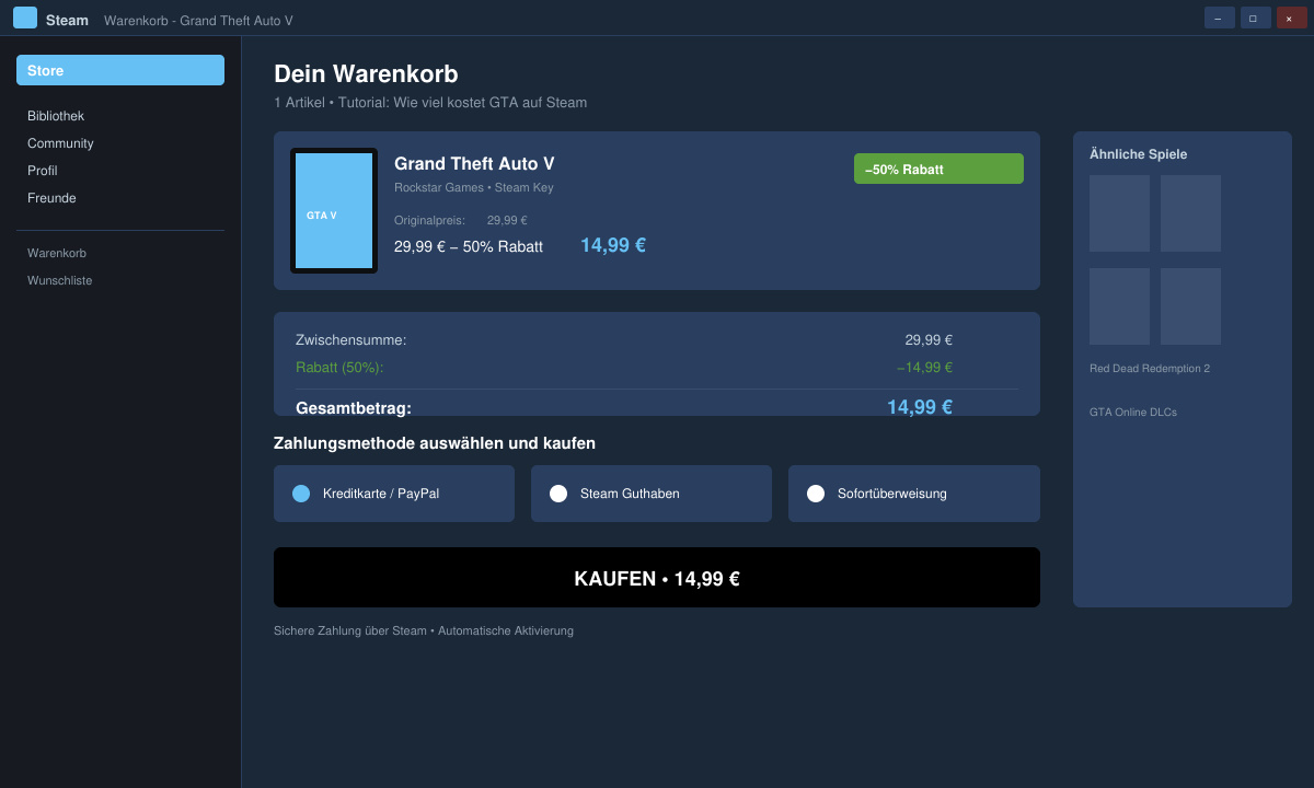 Warenkorb-Ansicht mit GTA V und finalem Gesamtpreis nach Rabatt