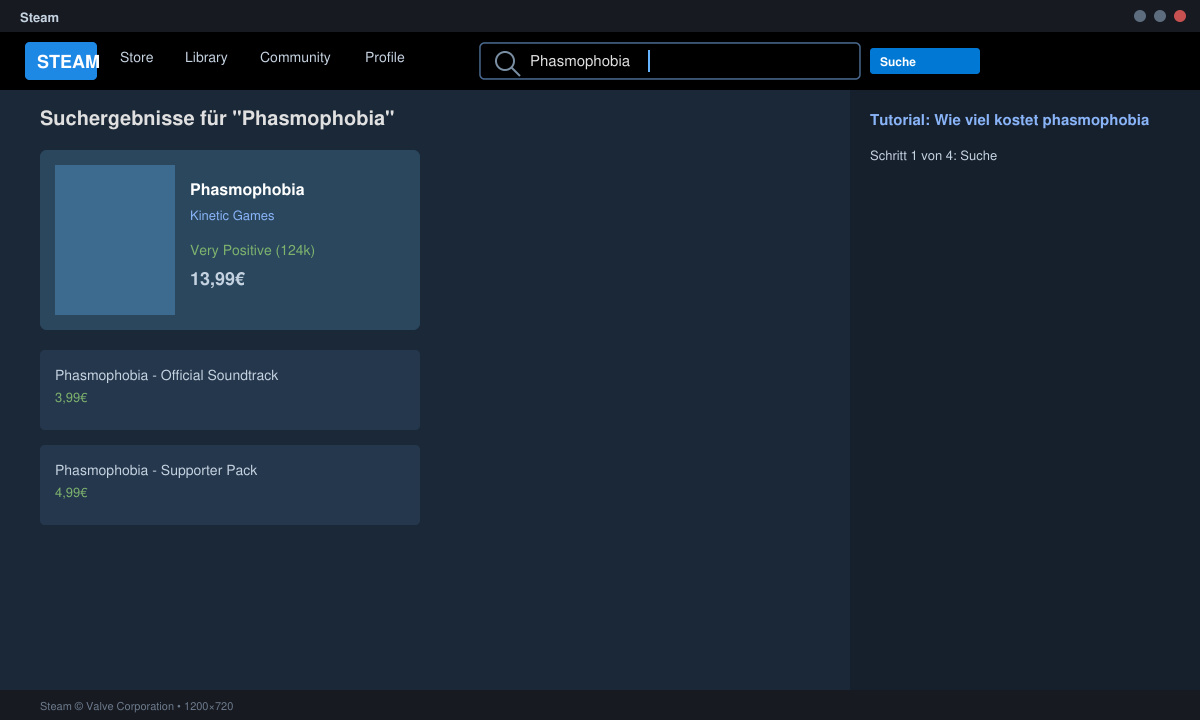 Steam-Sucheingabefeld mit dem Begriff Phasmophobia