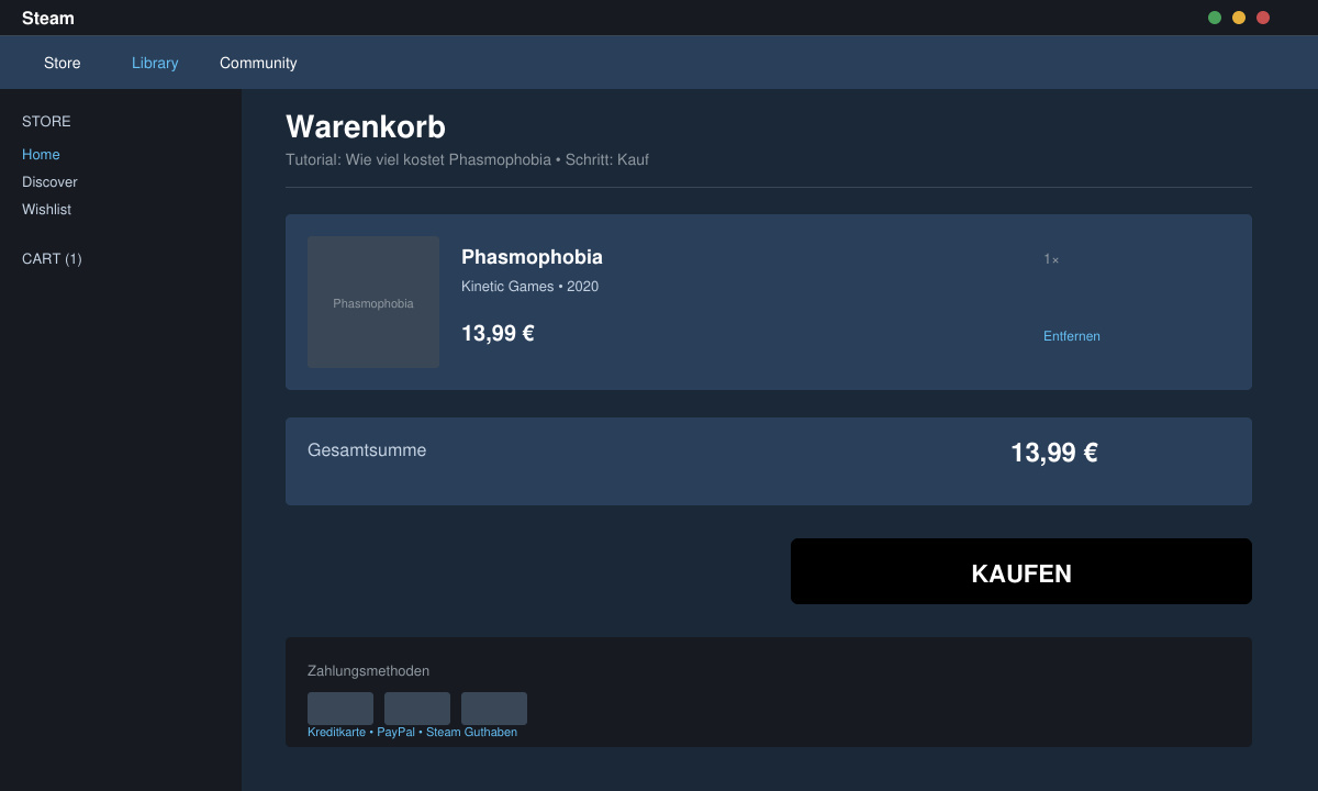 Warenkorb-Ansicht mit Phasmophobia-Preis und Kaufen-Button