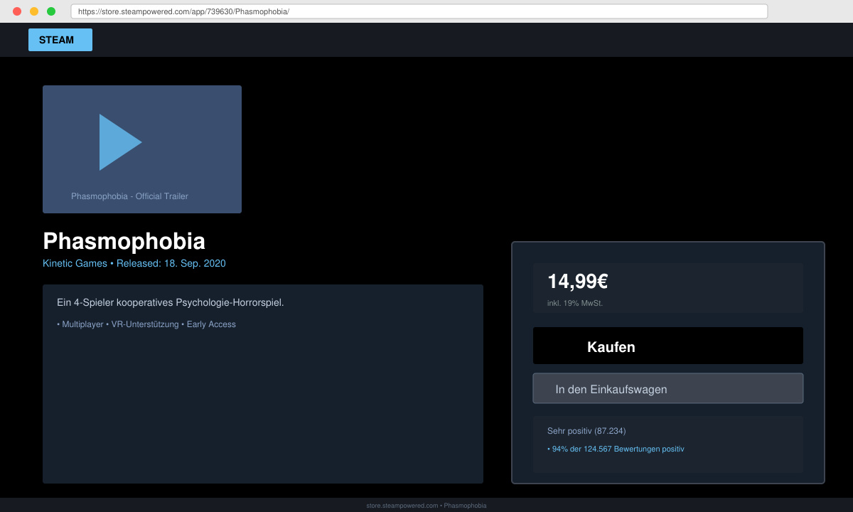 Detailansicht der Phasmophobia-Seite mit Preis und Kaufen-Button
