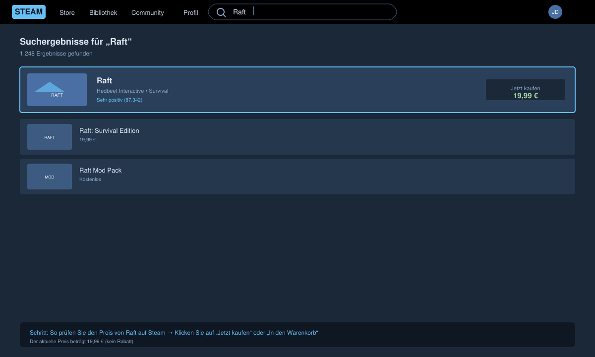 Steam-Sucheingabe mit dem Begriff Raft