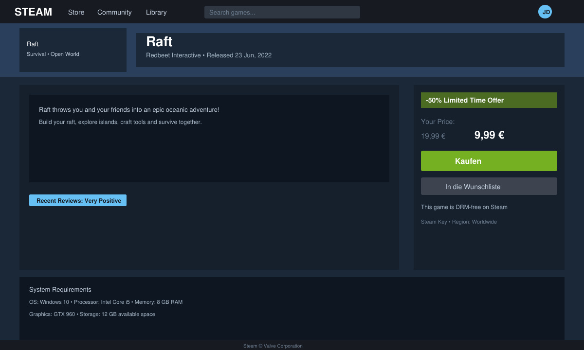 Detailansicht der Preisbox mit Rabatt auf der Raft Steam Seite