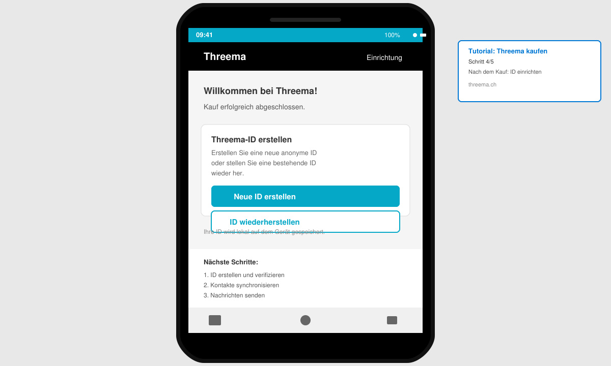 Threema App nach dem Kauf mit ID-Erstellungsbildschirm