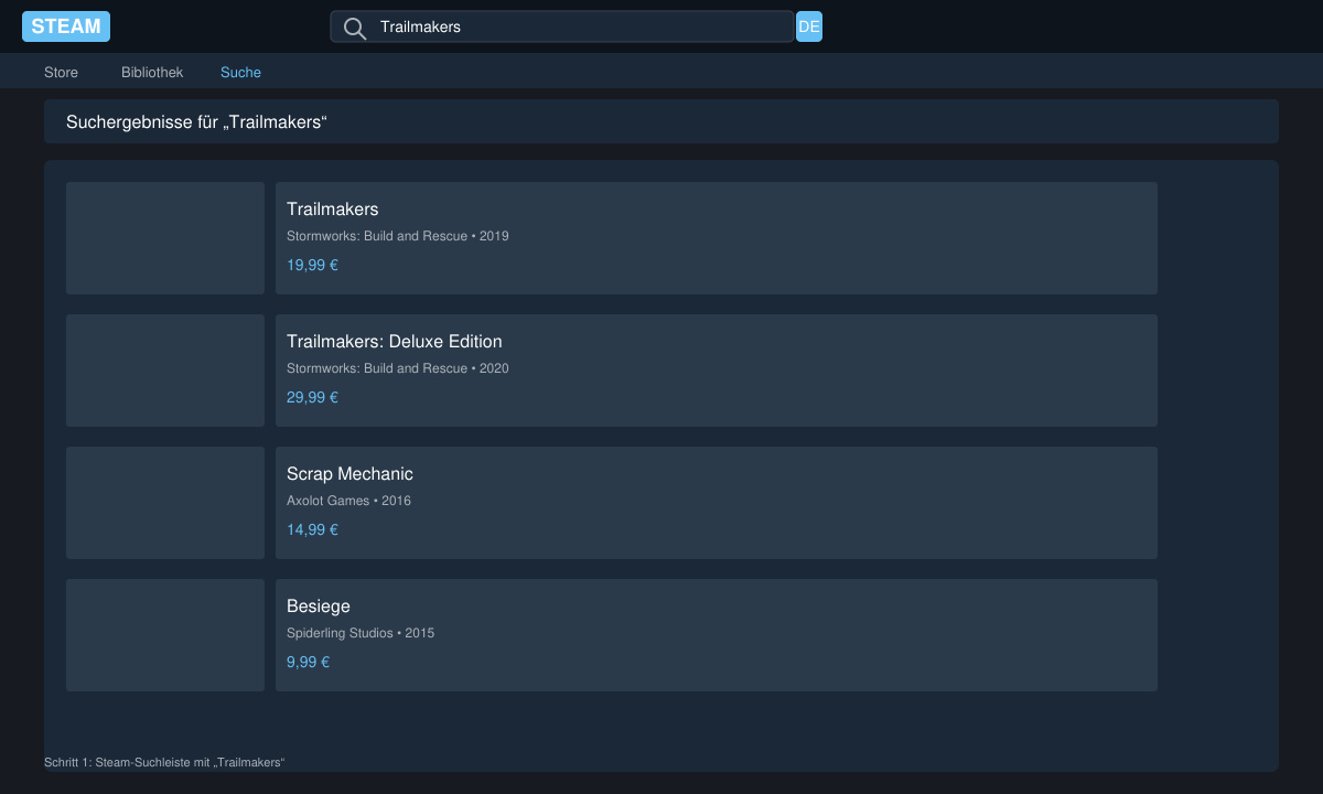 Steam-Suchleiste mit eingegebenem Begriff Trailmakers