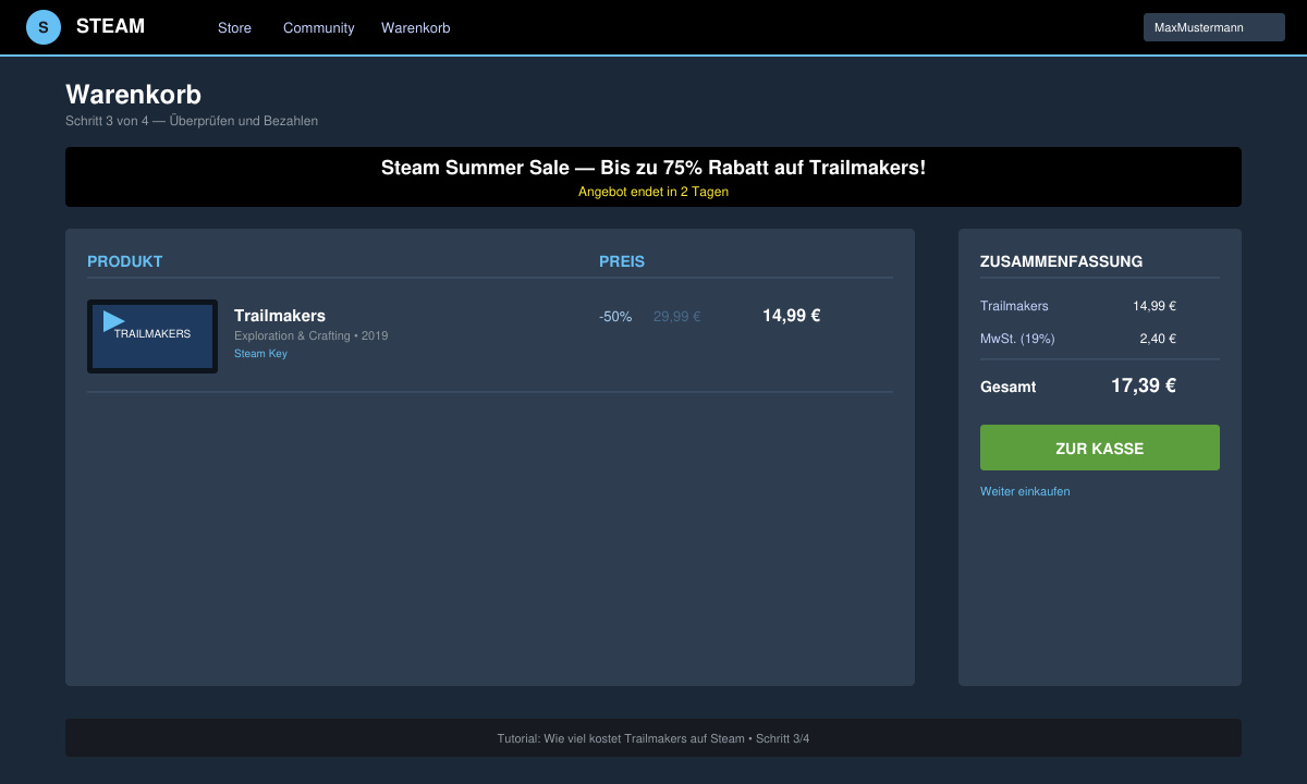 Warenkorb-Ansicht mit Trailmakers-Preis und Steam-Sale-Banner