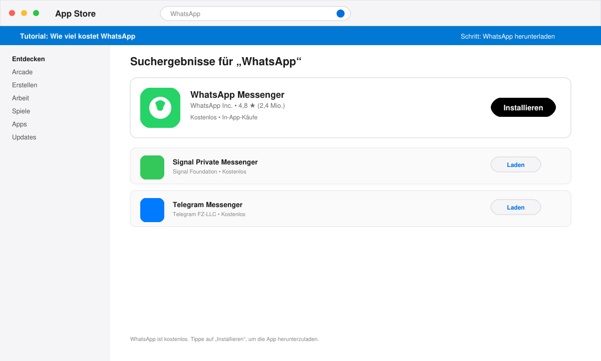 App-Store-Suchergebnis mit WhatsApp und Installationsbutton