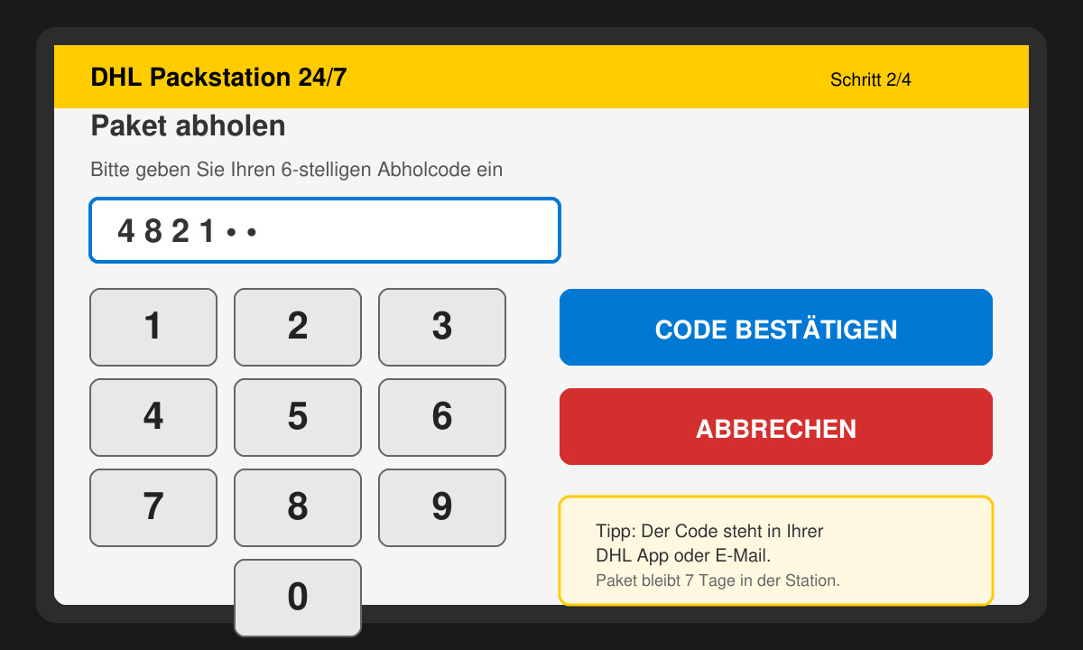 Nahaufnahme des Displays an einer Packstation mit Code-Eingabe
