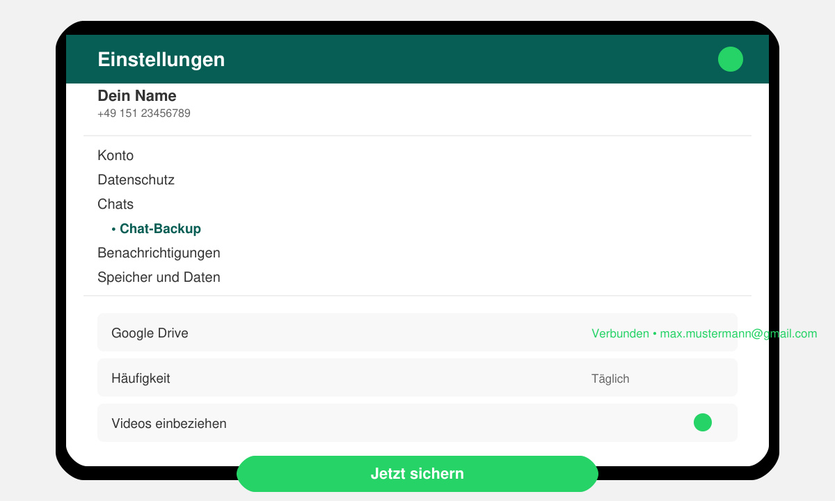 Screenshot der WhatsApp-Einstellungen mit hervorgehobener Schaltfläche „Jetzt sichern“