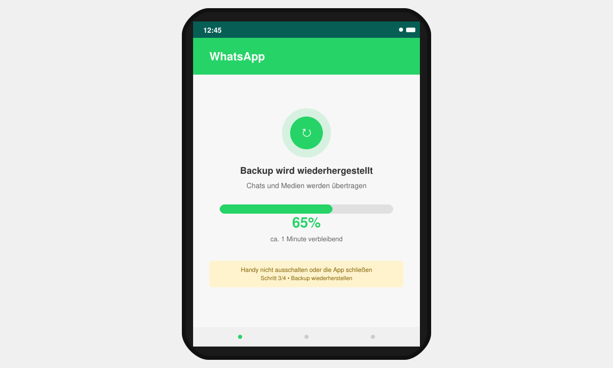 Ansicht des Wiederherstellungsfortschritts in WhatsApp auf dem neuen Smartphone