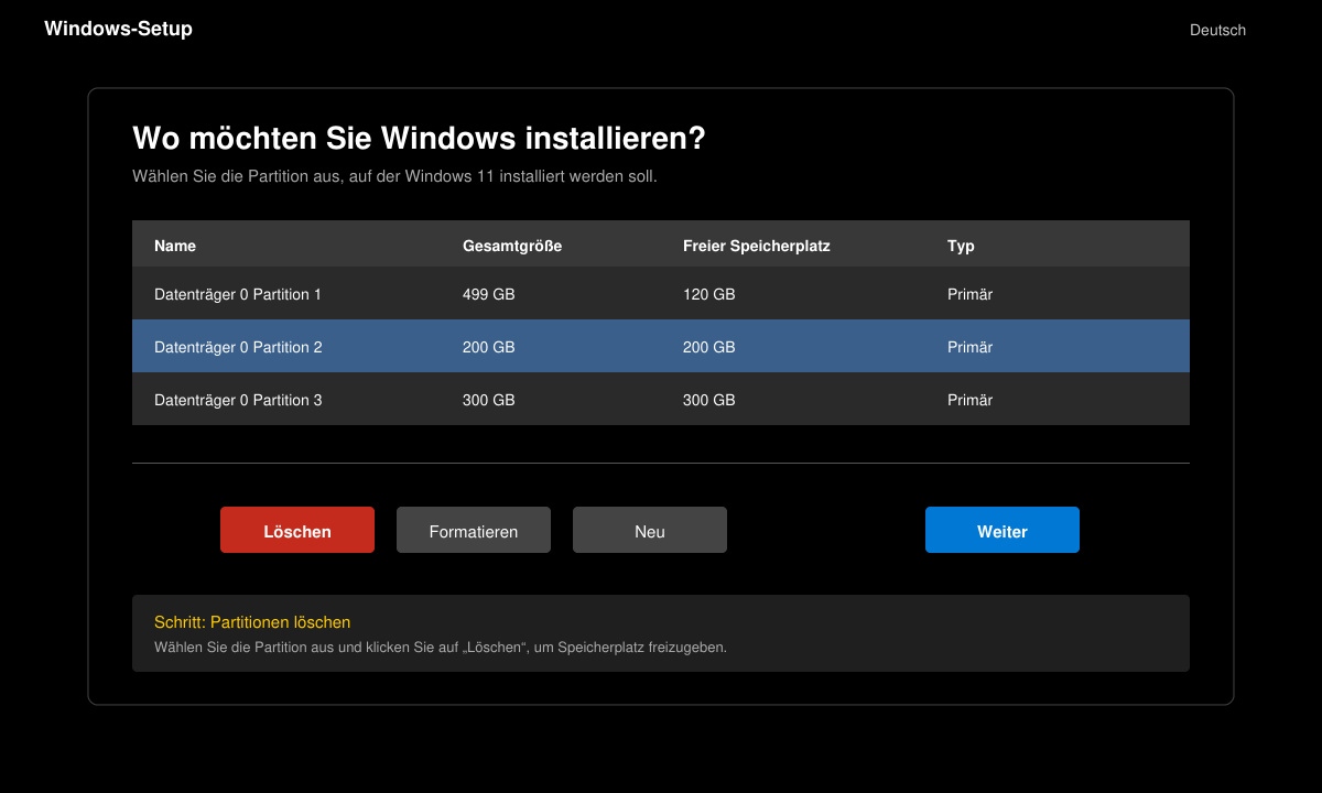 Installationsbildschirm von Windows 11 mit Auswahl der Festplattenpartitionen