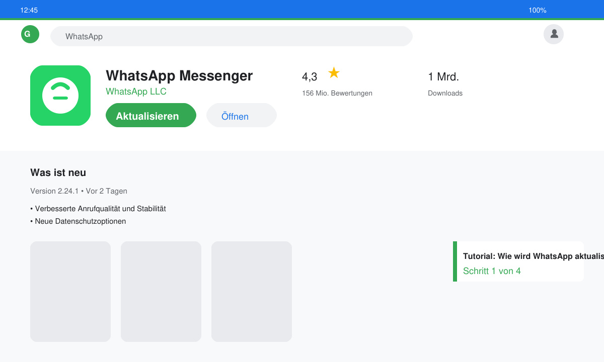 Screenshot des Google Play Stores mit WhatsApp-Eintrag und sichtbarem Aktualisieren-Button