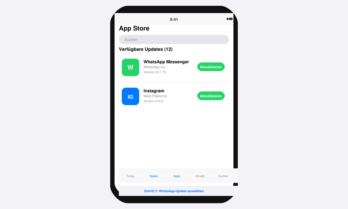 App-Store-Bildschirm auf dem iPhone mit WhatsApp-Update-Eintrag