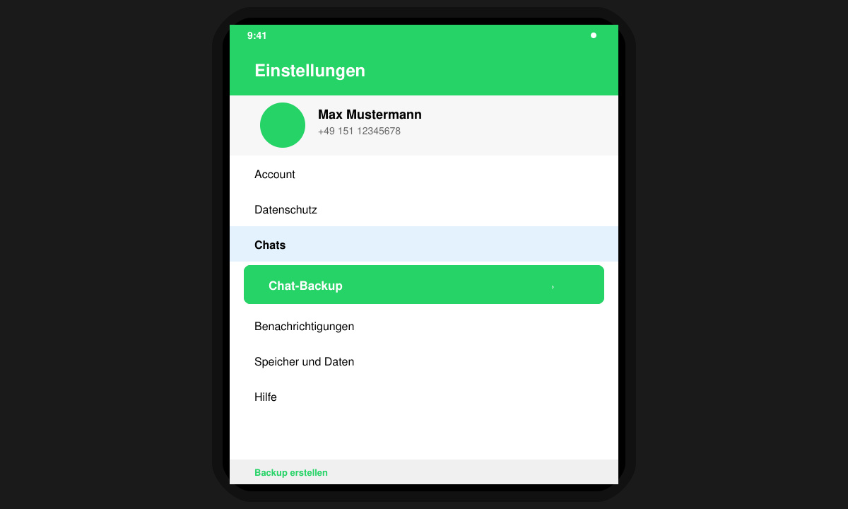 WhatsApp-Einstellungsmenü mit hervorgehobener Chat-Backup-Option