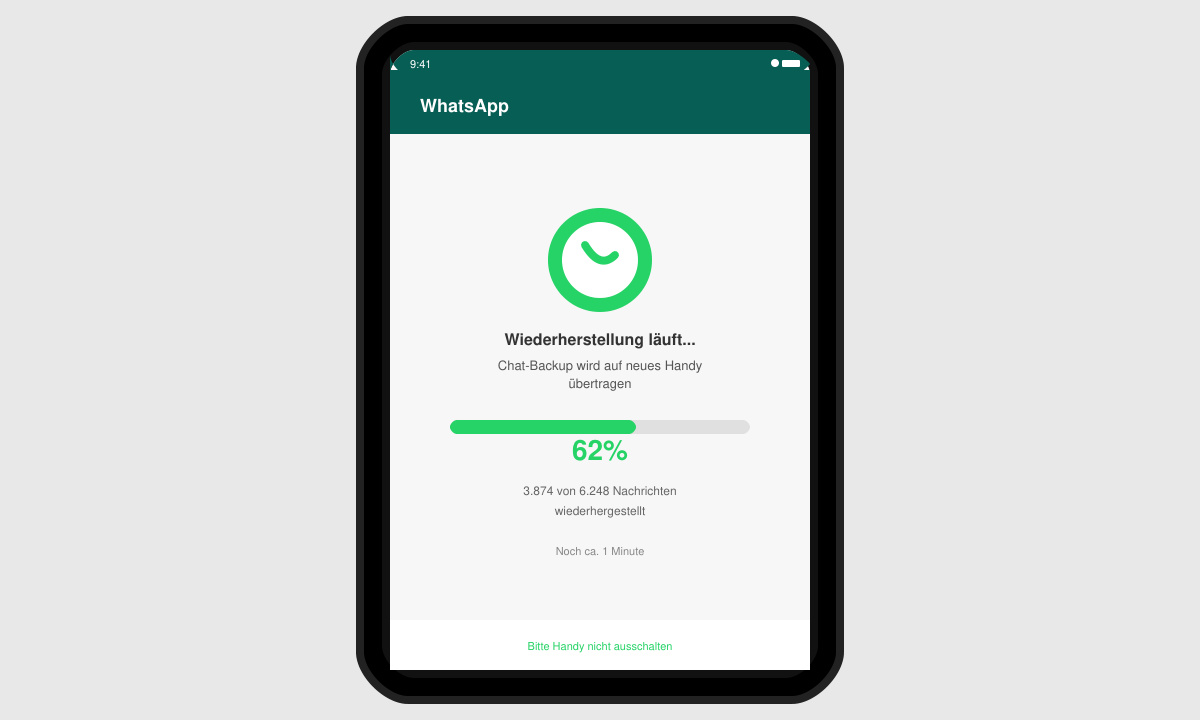 WhatsApp-Bildschirm mit Fortschrittsbalken während der Wiederherstellung des Backups
