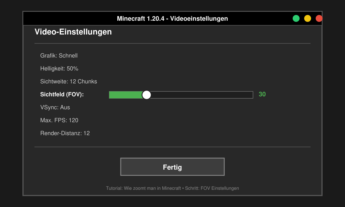 Minecraft Videoeinstellungen mit angepasstem FOV-Wert