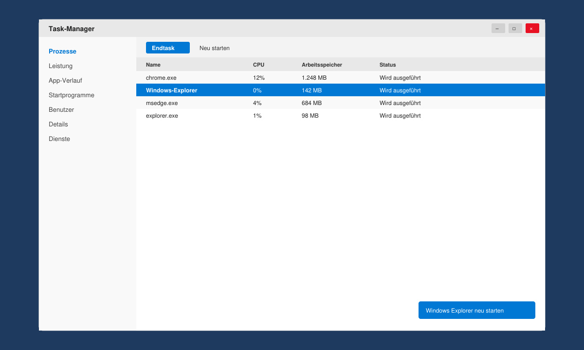 Task-Manager mit markiertem Windows-Explorer-Prozess