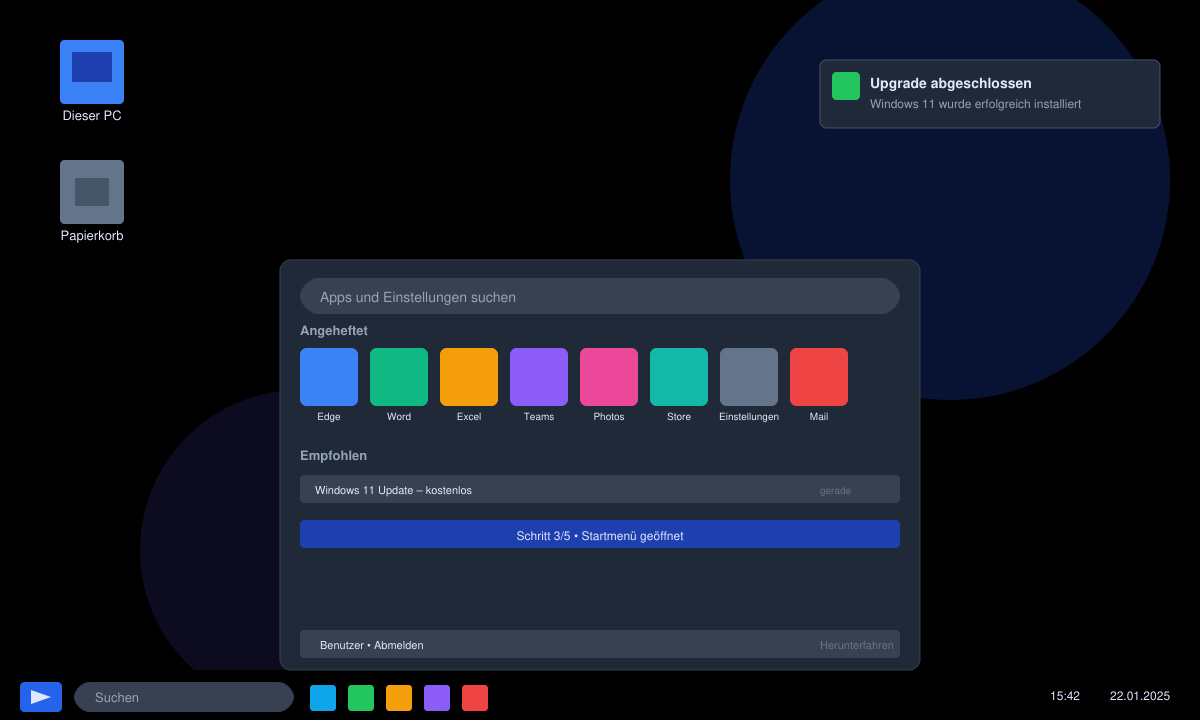 Windows 11 Desktop nach erfolgreichem Upgrade mit Taskleiste und Startmenü