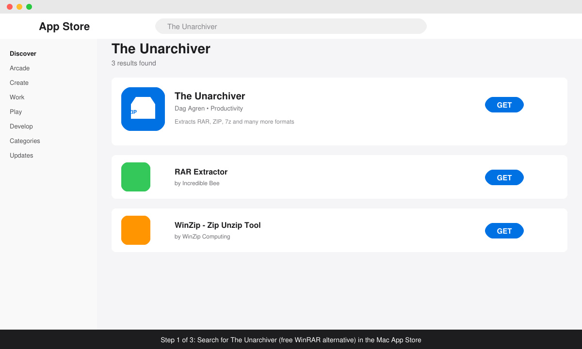 Mac App Store page showing The Unarchiver search result with the Get button highlighted