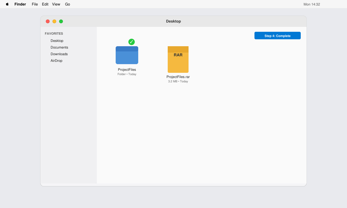 Finder window showing extracted files from a RAR archive next to the original archive on a MacBook desktop