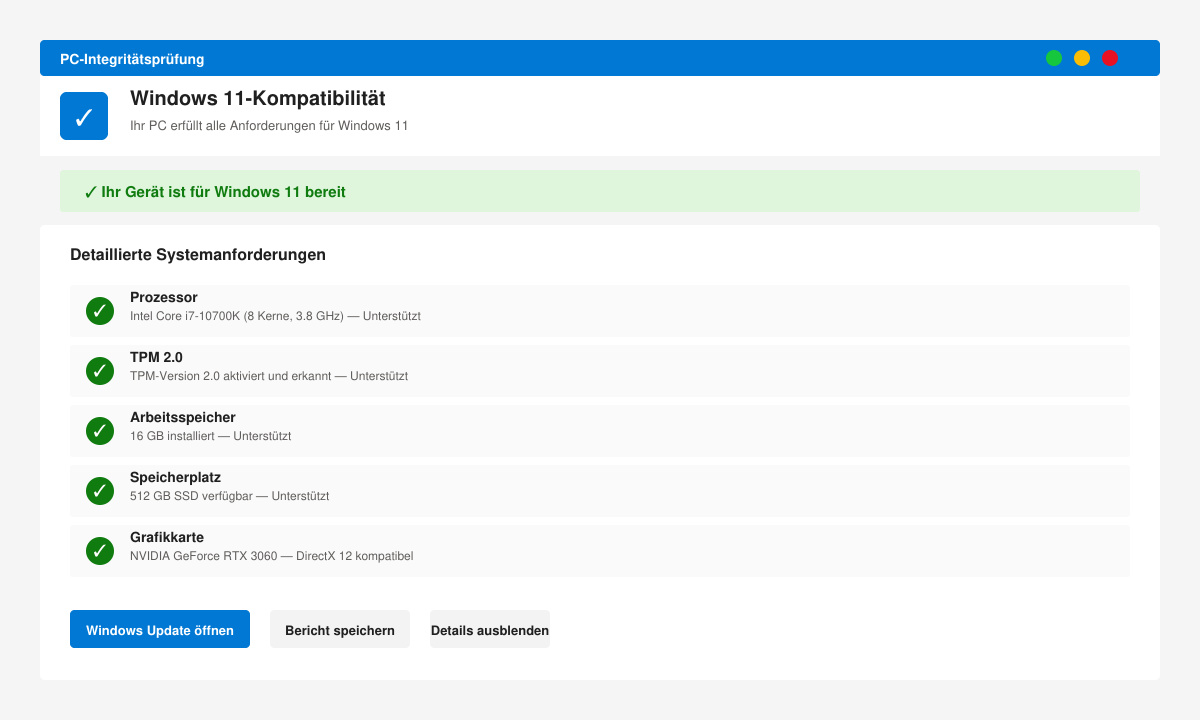 Screenshot der PC Health Check App mit grünem Häkchen für kompatiblen PC