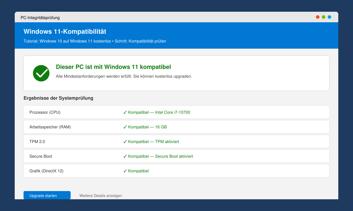 Screenshot des PC Health Check Tools mit Kompatibilitätsergebnis