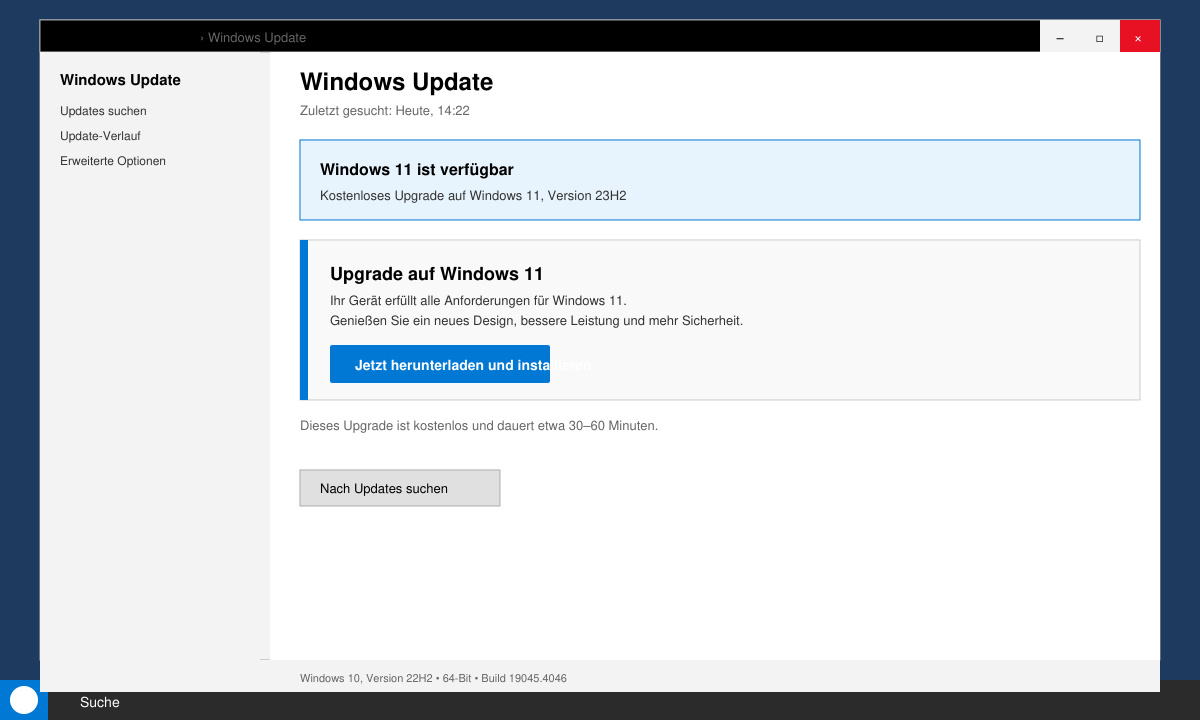 Windows-Update-Fenster mit sichtbarem Windows-11-Upgrade-Angebot
