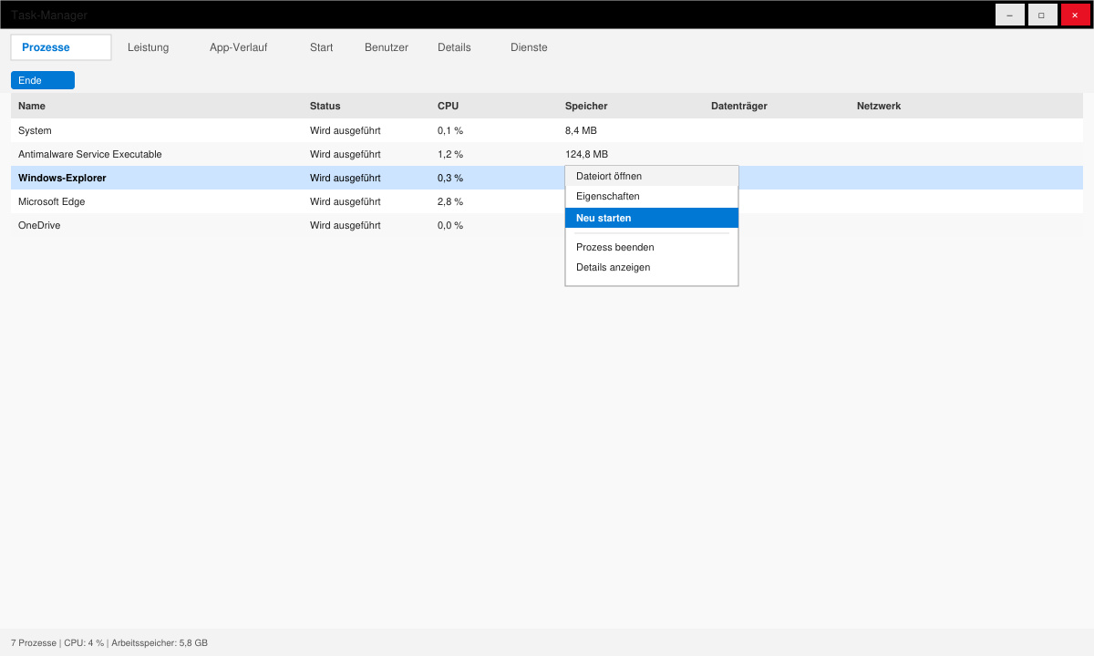 Task-Manager mit markiertem Windows Explorer Prozess