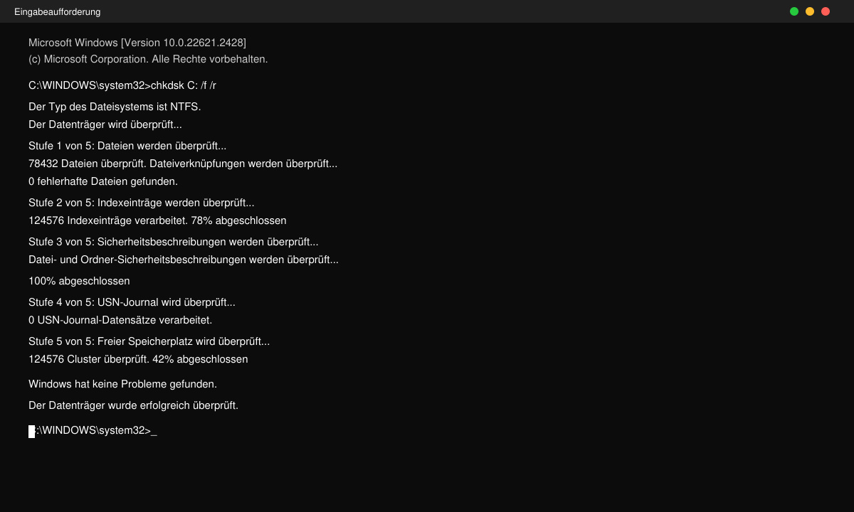 CHKDSK Befehl in Windows 11 Eingabeaufforderung