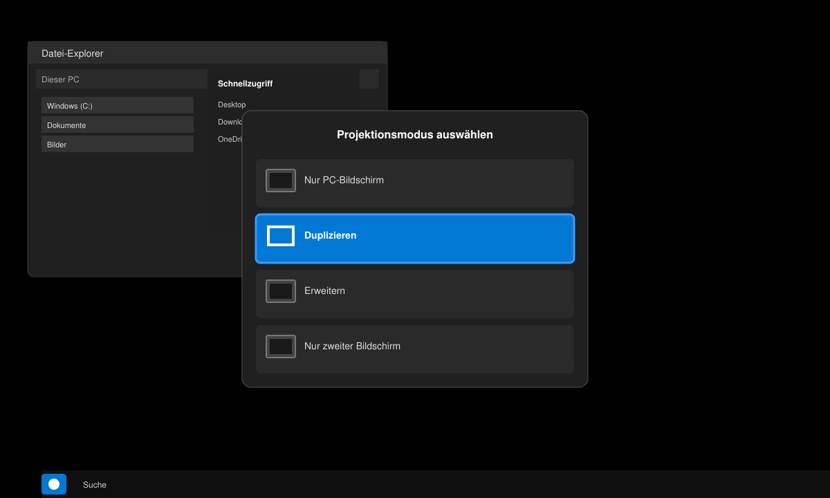 Windows + P Menü mit hervorgehobener Duplizieren-Option