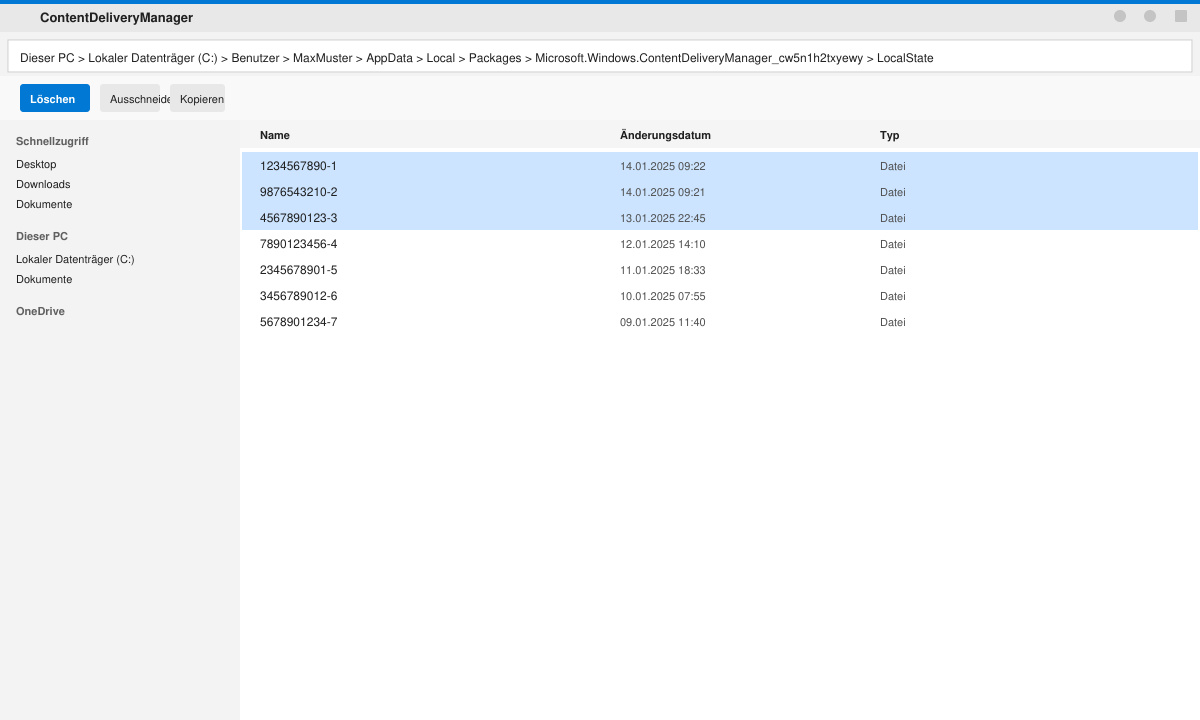 Datei-Explorer-Fenster mit geöffnetem ContentDeliveryManager-Ordner und markierten zu löschenden Dateien