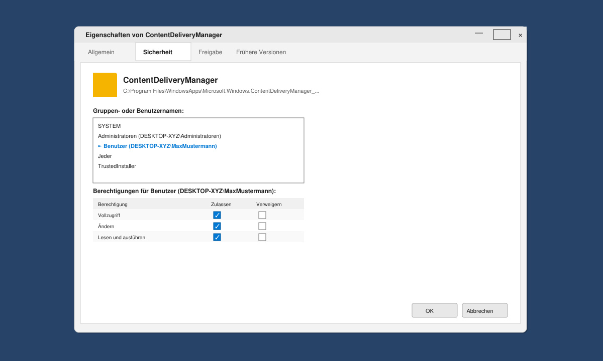 Eigenschaften-Dialog mit aktivierten Vollzugriffs-Berechtigungen für den ContentDeliveryManager-Ordner